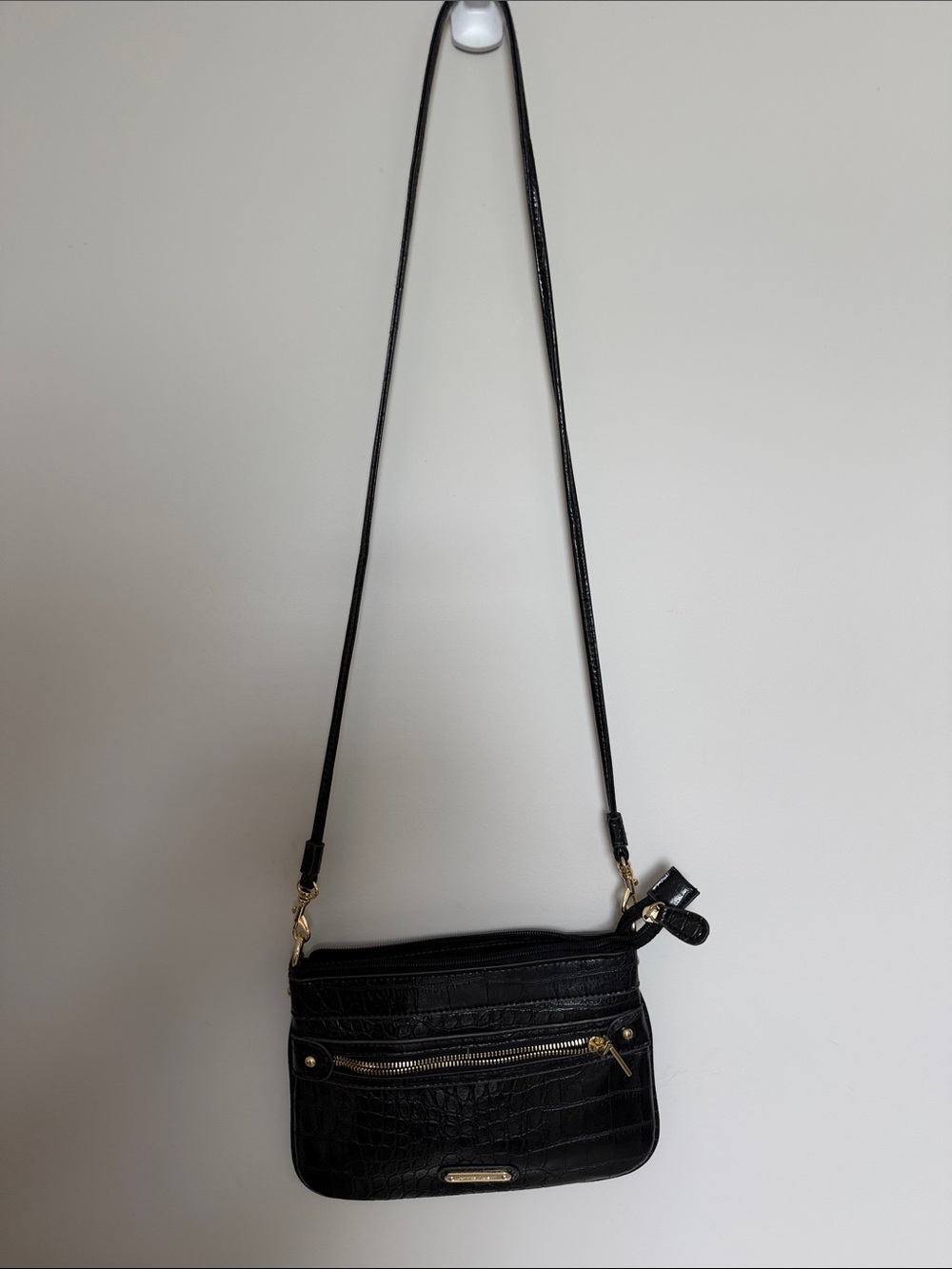 Anne Klein Black Croc-Embossed Crossbody Bag with Gold Hardware